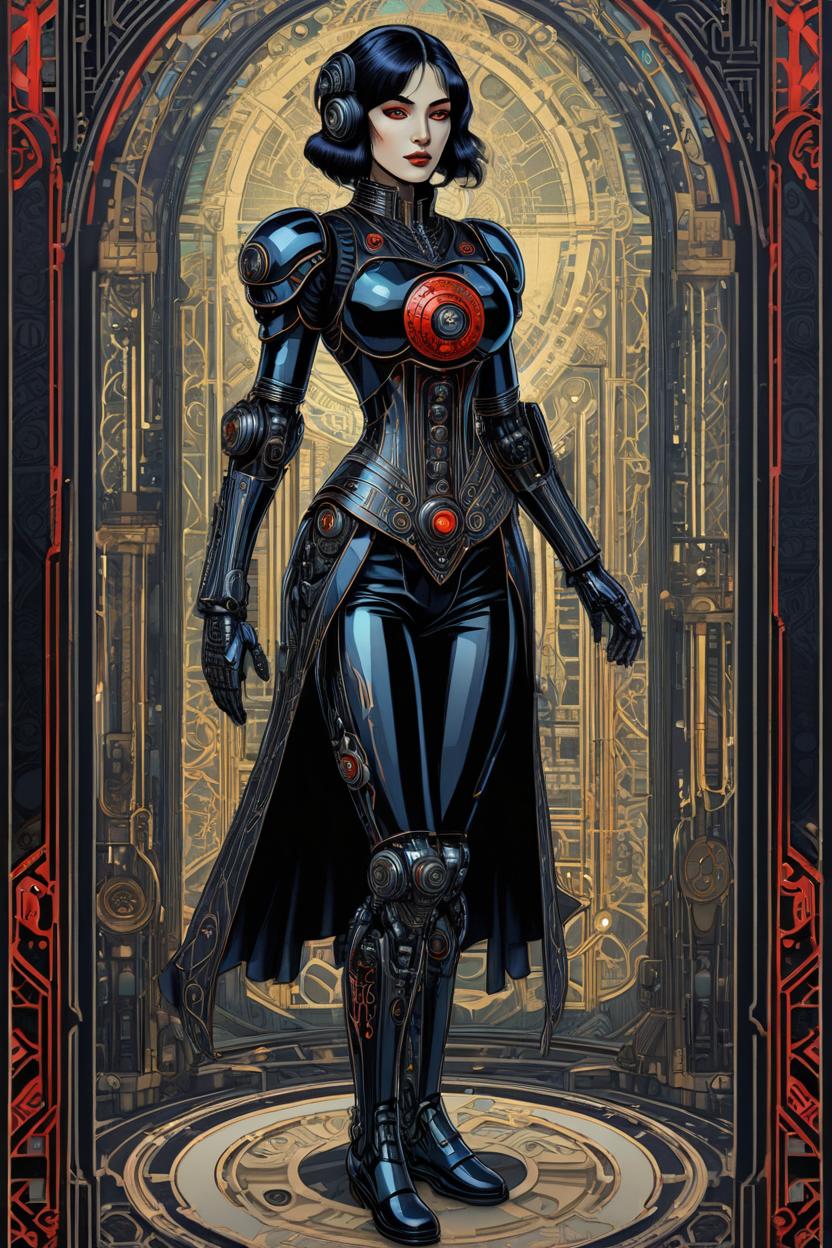 Artificial Intelligence (AI) generated image art, (*...*), portrait, artwork by Ivan Bilibin, Art Nouveau, tarot, cyberpunk, red and black android, cyborg, robotic, with black hair, dark eyes, black irises, full body