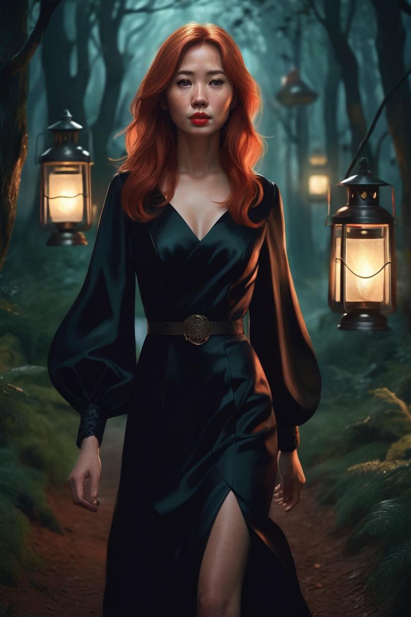 Artificial Intelligence (AI) generated image art, ..., ((portrait)), beautiful red hair, dressed in a black gown, highly detailed illustration, walking through a dark forest holding a lantern at midnight, deep focus, d & d, fantasy, intricate, elegant, highly detailed, digital painting, artstation, concept art, sunset, matte, sharp focus, pouty lips, ultrarealistic, shot in the style of Wes Anderson, Mysterious and seductive atmosphere