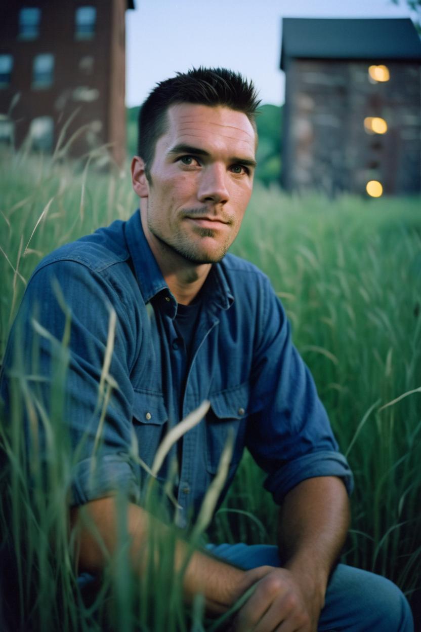 Artificial Intelligence (AI) generated image art, (portrait of ...) in a tall grass, old mill in the background, cinematic, (blue hour), Kodak Portra 800 film SMC Takumar 35mm f/ 2. 8 c 50, detailed face