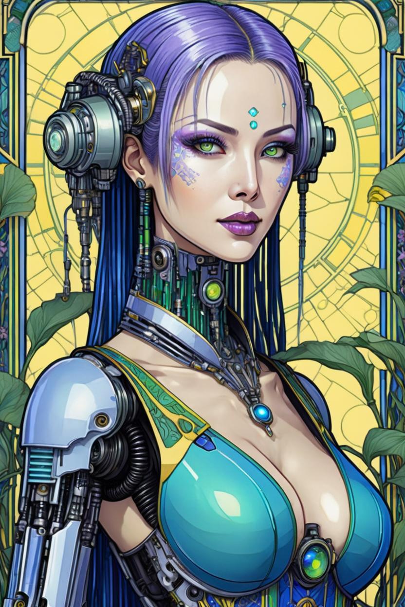 Artificial Intelligence (AI) generated image art, (*...*), portrait, artwork by Ivan Bilibin, Art Nouveau, tarot, cyberpunk, lilac and blue android, cyborg, robotic, with mauve hair, green eyes, yellow irises, full body