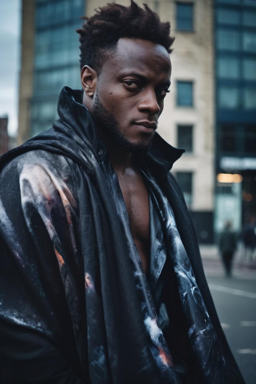 Artificial Intelligence (AI) generated image art, ..., beautiful male body silhouette, beautiful portrait, photography by amy leibowitz and filip fedorov, black blanket in wind, black leather, urban city photography, London city, close up portrait, cinematic still, film still, magic hour, dark mood, fashion portrait, cold colors, sony, kodak, long exposure, art noveau painting, liquid marble fluid painting