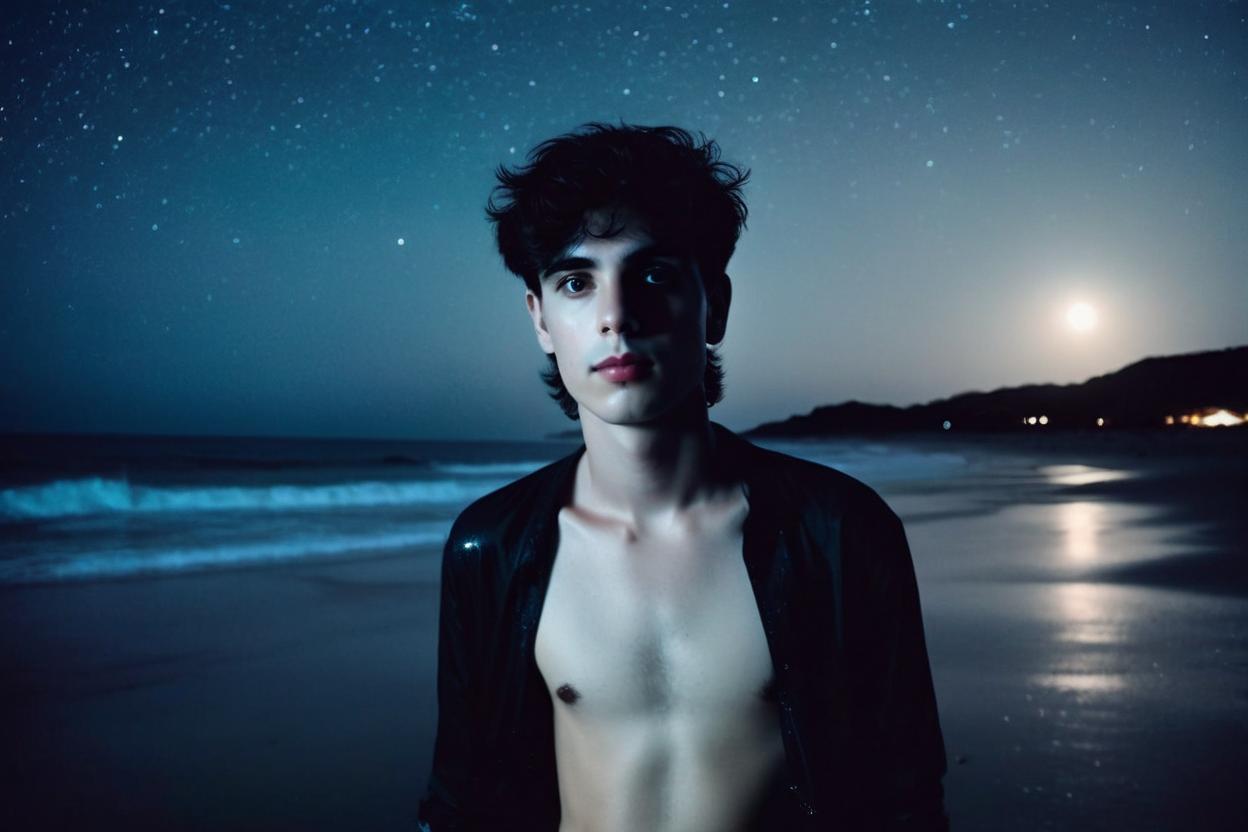 Artificial Intelligence (AI) generated image art, A serious and dreamy photograph of ..., photorealistic, photo take on an old Polaroid, he is standing on a beach, at night, there is a night sky in the background, very detailed and natural eyes, (very smooth and youthful skin), ((very delicate features with full lips)), very thin body, looking away from the camera, light from the bright moon, taken from a distance, dramatic and cinematic lighting, a gloomy atmosphere, bathed in cool light, the beach is empty, lots of shadows, ... is wearing black swim trunks