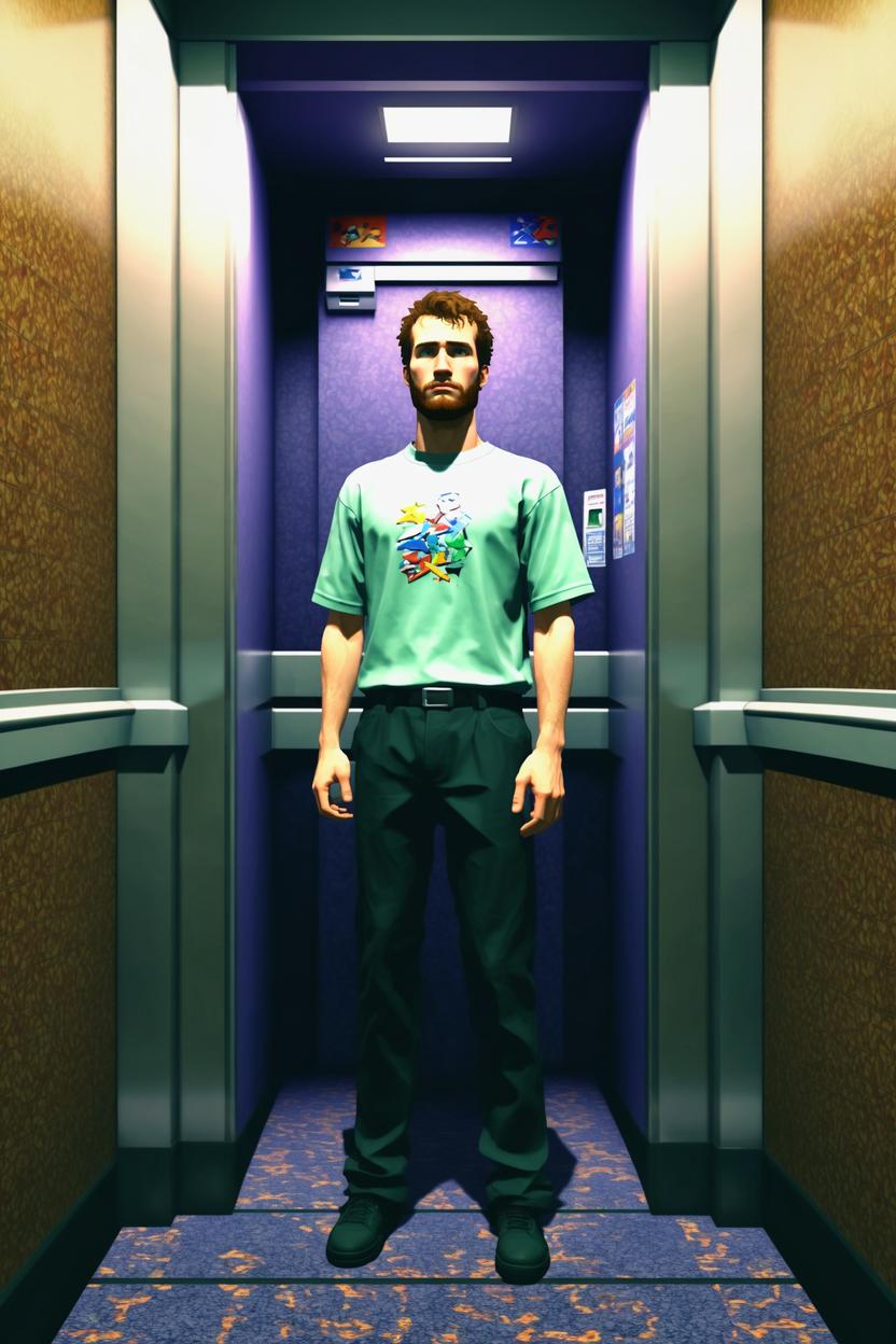 Artificial Intelligence (AI) generated image art, ..., early 2000 low game graphics, 2000s playstation graphics artstyle, ps2 game, low polygon 3d game, standing in an elevator