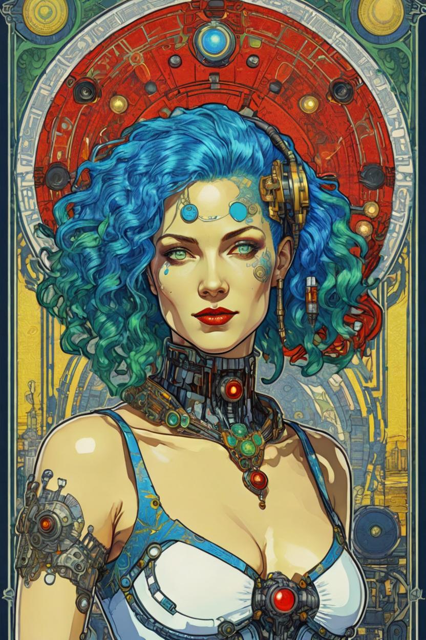 Artificial Intelligence (AI) generated image art, (*...*), portrait, artwork by Ivan Bilibin, Art Nouveau, tarot, cyberpunk, yellow and red android, cyborg, robotic, with green hair, blue eyes, white irises, full body