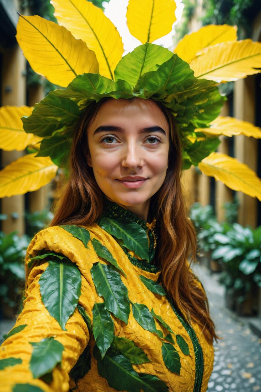 Artificial Intelligence (AI) generated image art, ... taking a selfie from below, full body, wearing a yellow intricate costume, huge green leaves almost covering her entire face, a huge leaf as the background, high fashion photography, professional photography, photorealistic, high quality, UHD