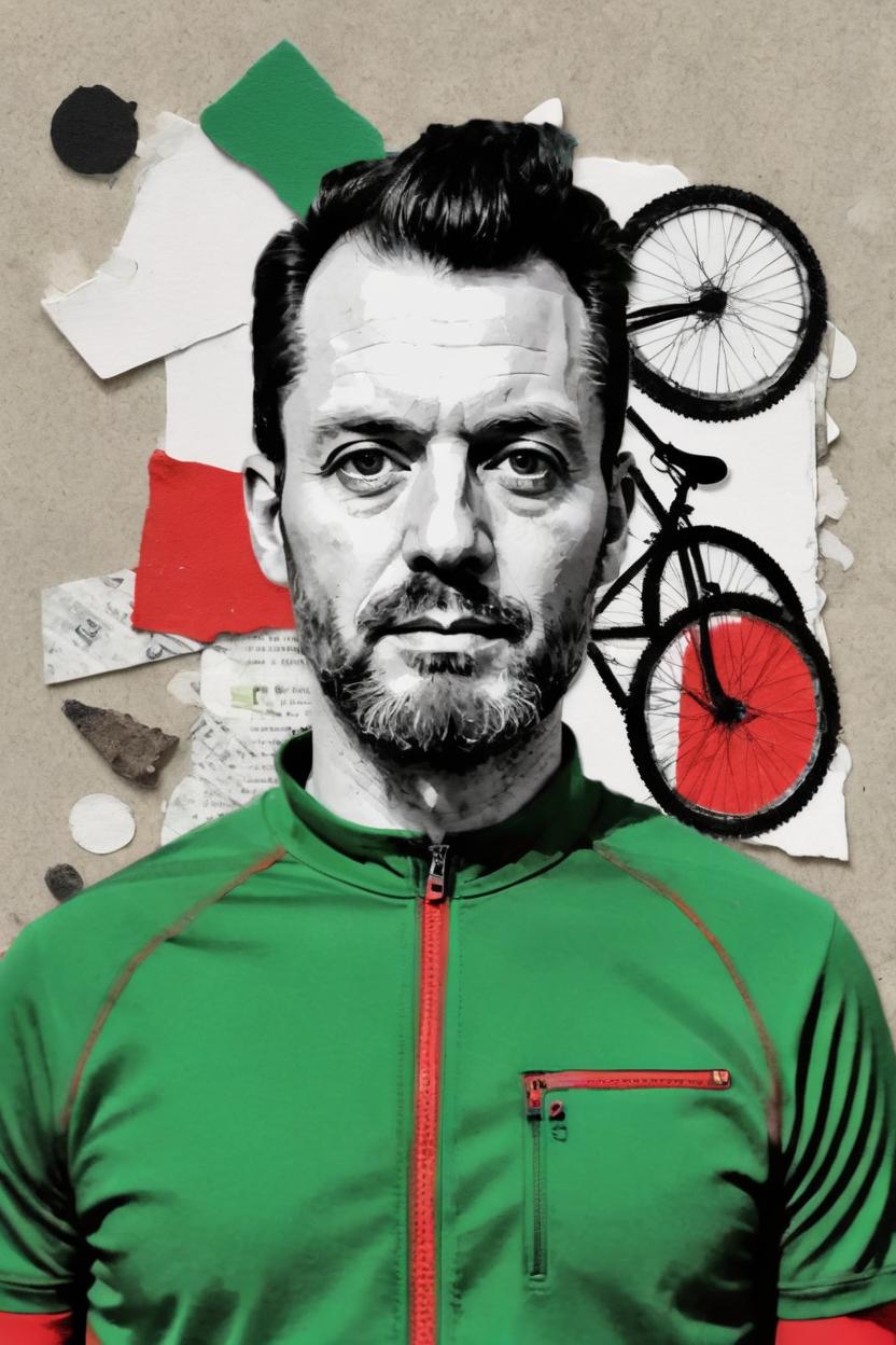 Artificial Intelligence (AI) generated image art, ((..., dada portrait, as age 25, art by Lubaina Himid, cut up portrait, black and white photo)), red and green accent colours, cycling, mountain bike, texture, found objects, Objet Trouvé