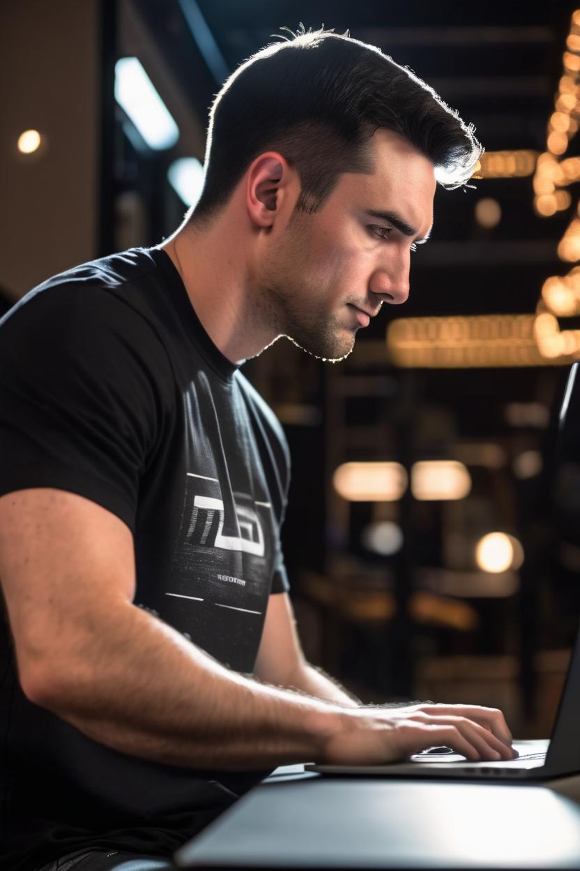 Artificial Intelligence (AI) generated image art, ... working on laptop, side profile, wearing black tshirt, photorealistic, professional photoshoot with cinematic lighting, bokeh