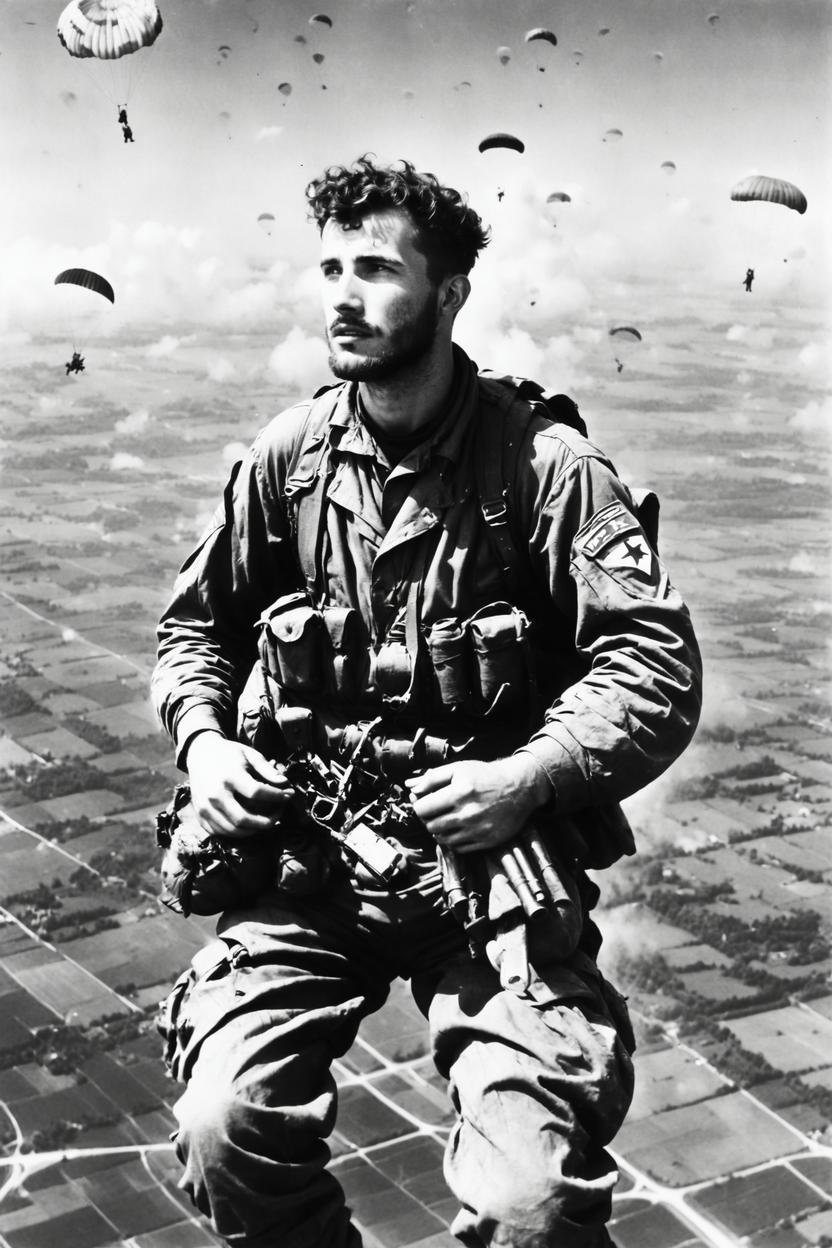 Artificial Intelligence (AI) generated image art, ..., as paratrooper solider in the sky, ww2 parachute landing operation in normandy, parachutes and planes all around him in the sky, black and white photograph from 1944