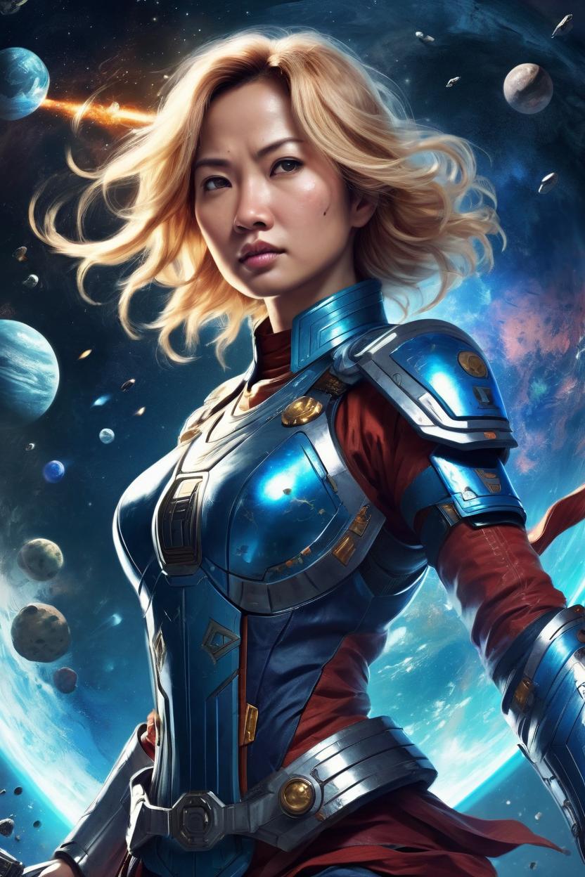 Artificial Intelligence (AI) generated image art, ... as astrological goddess, fighting in galactical wars, artistic illustration, majestic figure, sci-fi movies, anime style