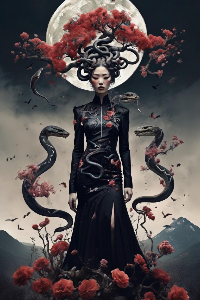 Artificial Intelligence (AI) generated image art, ..., as medusa, blood raining from the sky, trees, flowers, mountain, full moon, nature mind, expressive creative art, surrealistic concept art, snakes coming out of a human head, incredible details, high-quality, flawless composition, masterpiece, behance, by Marco Mazzoni, ink wash wearing black Alexander McQueen gowns, full body shot