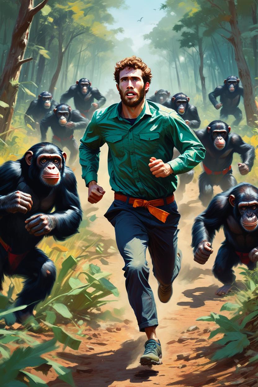 Artificial Intelligence (AI) generated image art, ..., running away from a chimpansee army, art by greg rutkowski, beautiful colors, masterpiece, award winning artwork