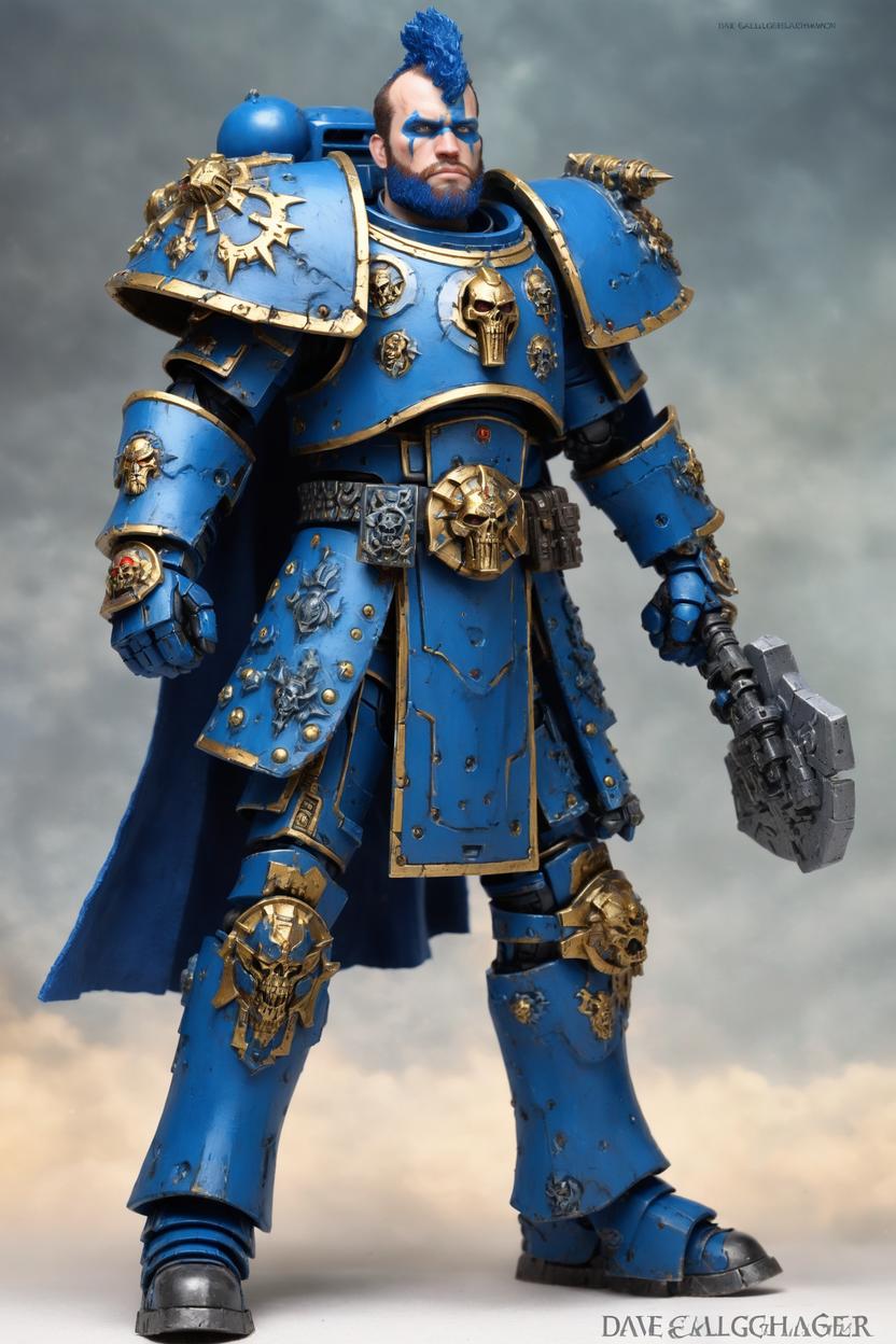 Artificial Intelligence (AI) generated image art, ..., as MARNEUS CALGAR, Master of the Ultramarines and one of the High Lords of Terra, by  Dave Gallagher, warhammer