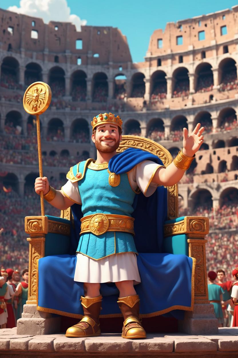 Artificial Intelligence (AI) generated image art, (disney 3d animation style), 3d animation of ..., illustration, cartoon, digital painting, as cute roman emperor, in the emperor throne in colosseum, waving to the crowd