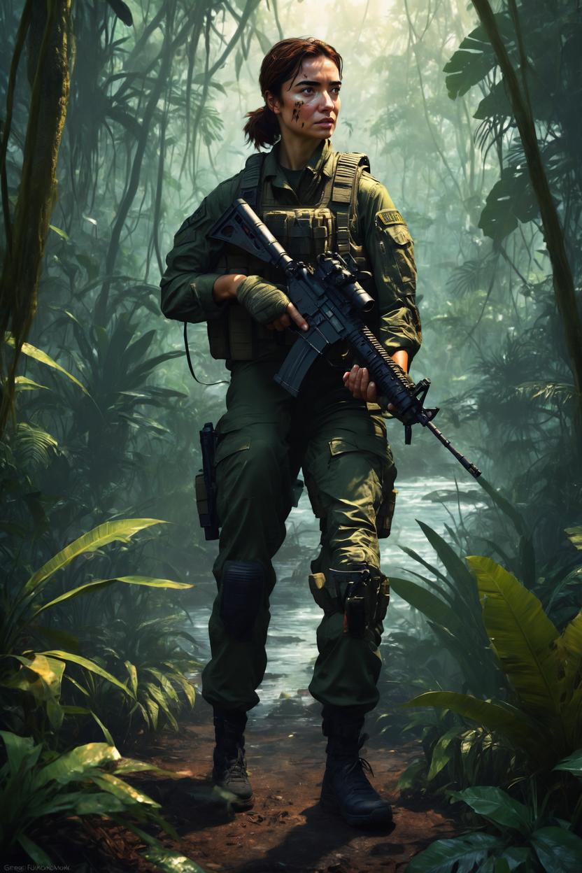 Artificial Intelligence (AI) generated image art, ..., as special operations soldier, epic art by greg rutkowski, in jungle