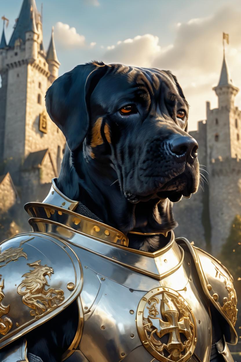 Artificial Intelligence (AI) generated image art, ..., ,(floppy ears), ((portrait)), close-up, fantasy knight, ((in  armor with golden symbols)),  (castle in background), art by Greg Rutkowski, highly detailed, sharp focus,