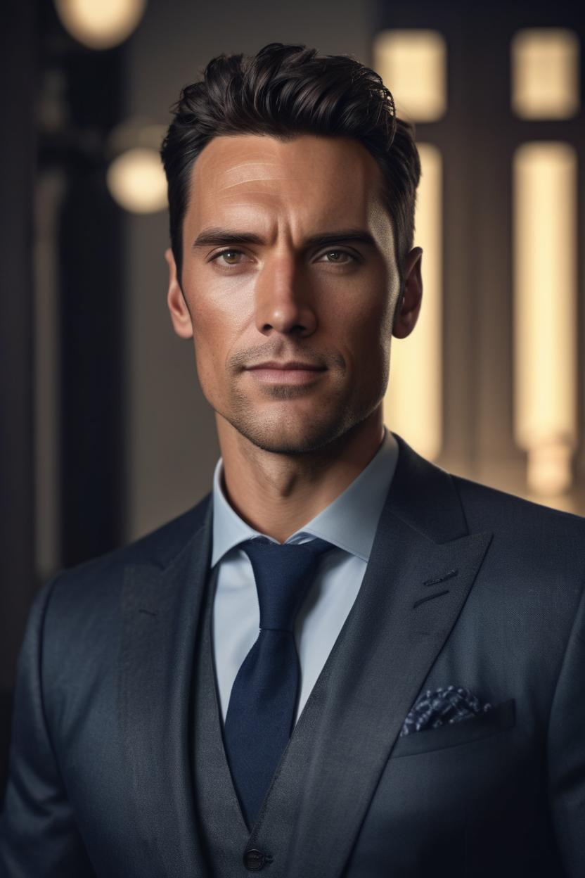 Artificial Intelligence (AI) generated image art,  ... portrait, ultra photorealistic, friendly expression, gentleman style Armani style clothing, cinematic lighting, highly detailed, sharp focus, 8k, professional portrait photograph style