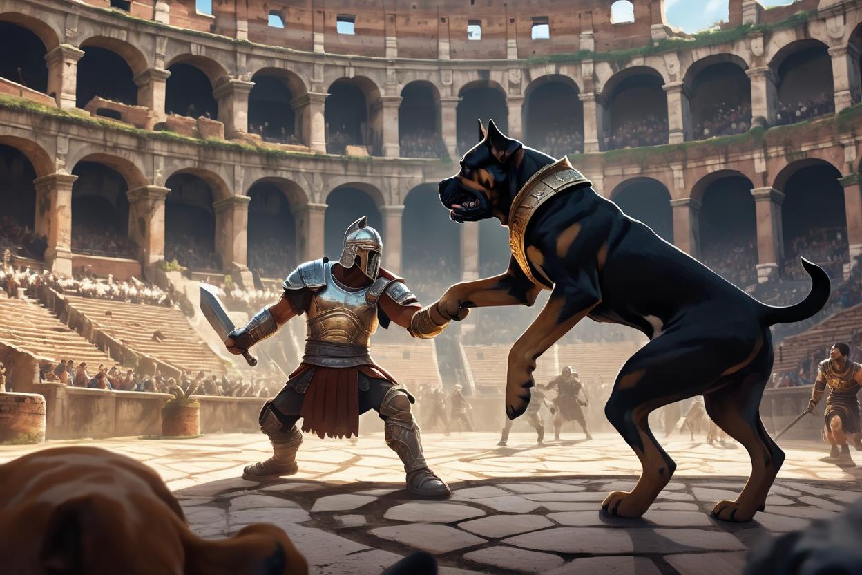 Artificial Intelligence (AI) generated image art, ..., fighting in the colosseum, dnd artstyle, ferocious, angry, gladiator, sunny, people in background, highly detailed, 8k