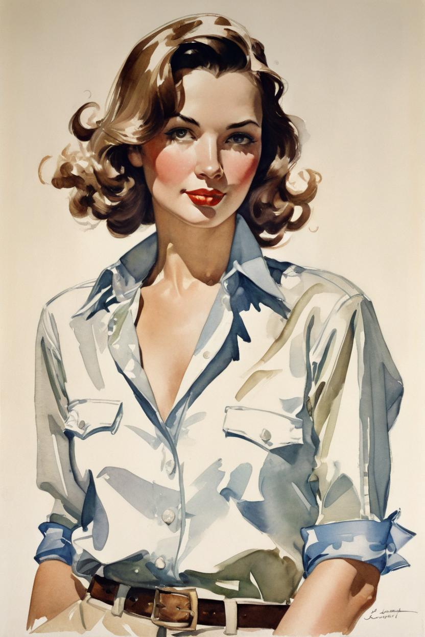 Artificial Intelligence (AI) generated image art, Watercolor painting of ... by J.C. Leyendecker, upper body, wearing an unbottoned shirt, fashionable, brunette, 1950s