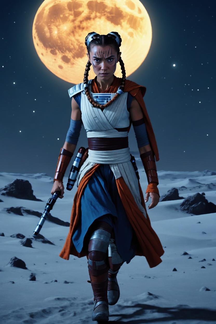 Artificial Intelligence (AI) generated image art, ..., as Ahsoka Tano, Escaping the Trandoshans, Trandoshan moon