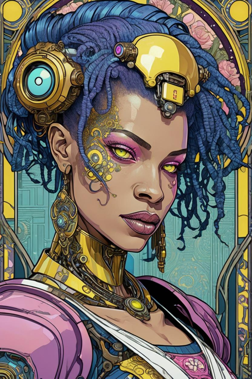 Artificial Intelligence (AI) generated image art, (*...*), portrait, artwork by Ivan Bilibin, Art Nouveau, tarot, cyberpunk, yellow and pink android, cyborg, robotic, with blue hair, white eyes, mauve irises, full body