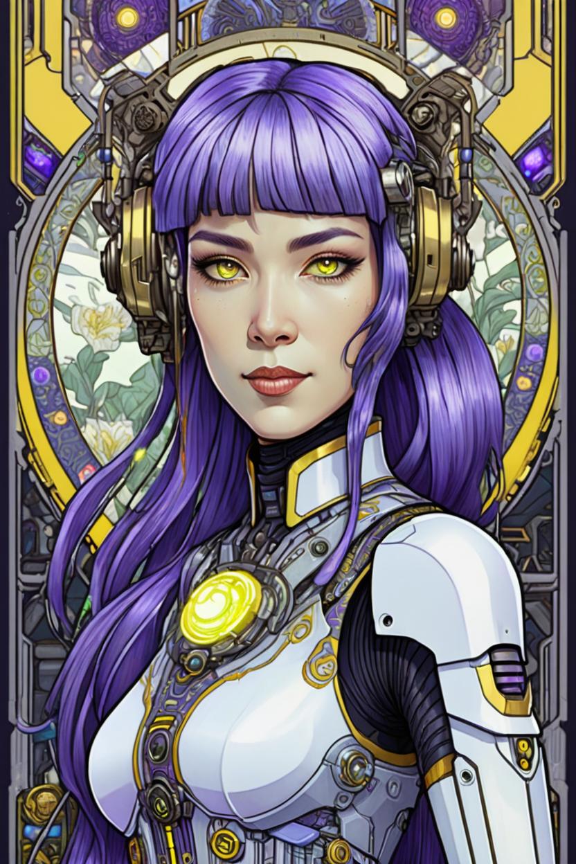 Artificial Intelligence (AI) generated image art, (*...*), portrait, artwork by Ivan Bilibin, Art Nouveau, tarot, cyberpunk, lilac and grey android, cyborg, robotic, with violet hair, white eyes, yellow irises, full body