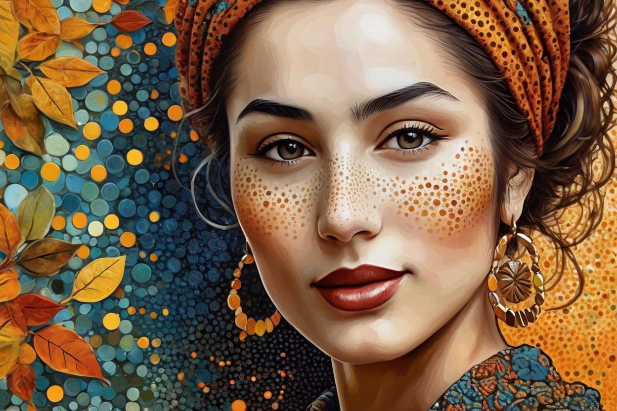 Artificial Intelligence (AI) generated image art, ..., fall inspired art, digital painting, in the style of sophie wilkins, irene sheri, naoto hattori, pointillist artworks, chic illustrations, lush brushstrokes, 1970s