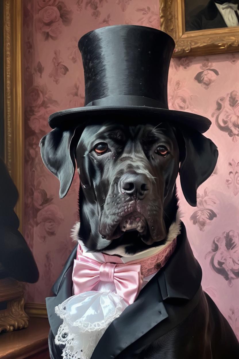 Artificial Intelligence (AI) generated image art, ..., as a victorian lord, oil painting portret, wearing a costume from the 1800s, pink cravat, dark black wallpaper in the background, (identical and realistic head), (realistic), black hat