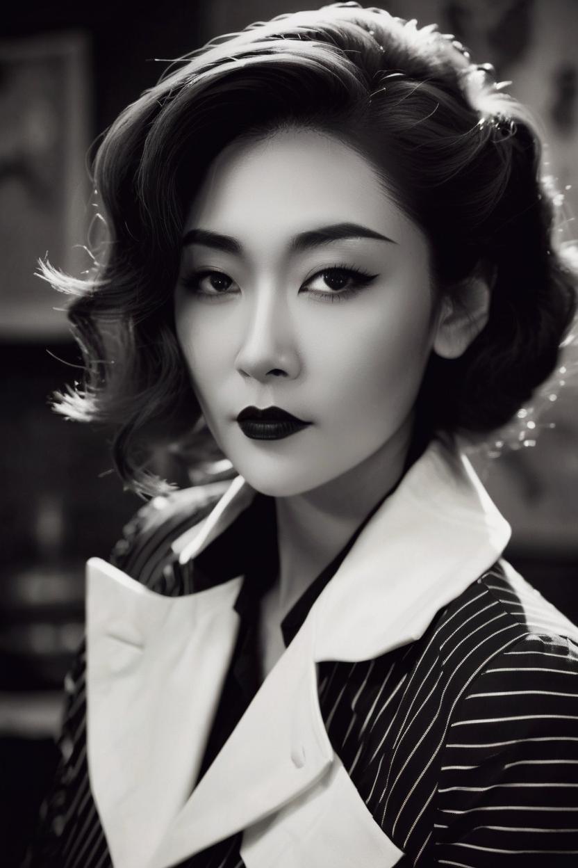 Artificial Intelligence (AI) generated image art, ..., film portrait, woman with auburn hair, ((black and white photography)), ((sharp contrast)), ((old hollywood)), ((film noir))