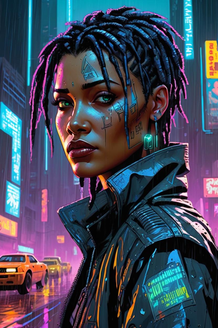Artificial Intelligence (AI) generated image art, An edgy, modernist portrait of ..., a cyberpunk rebel in the rain-soaked streets of a neon-lit metropolis, evocative of Blade Runner, with nods to the graphic styles of Frank Miller and Jean Giraud (Moebius), rendered in hyperrealistic detail with a noir palette, high-tech tattoos glow against a backdrop of futuristic skyscrapers, rebellious spirit