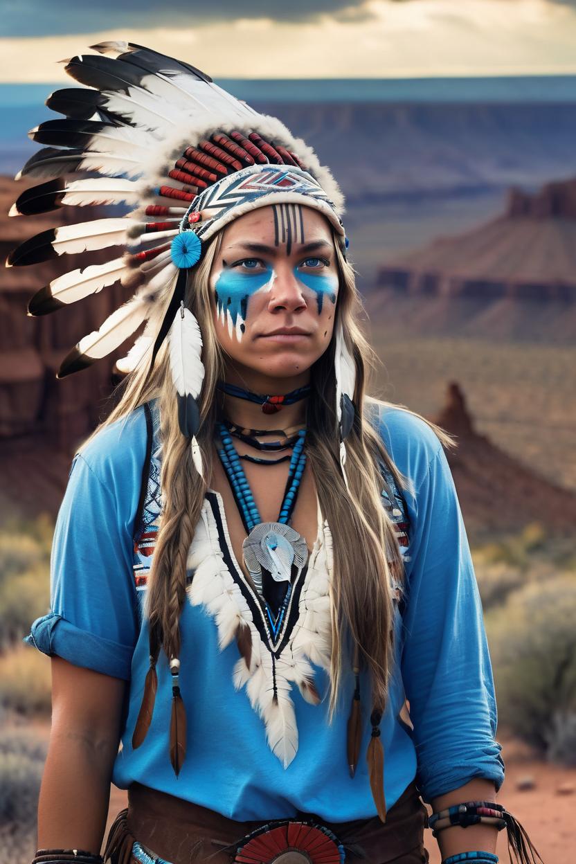 Artificial Intelligence (AI) generated image art, ..., (portrait), ((((full body)))), ((art By Mark Maggiori)), (beautiful native American), showing skin (Provocative looking), (a little war paint), 25 year old native american warrior, wearing a headdress, adventure, blue eyes, blonde long hair, standing at the top of a cliff, highly detailed, sharp focus, southwest red desert cliffs with dark stormy skies in the background,