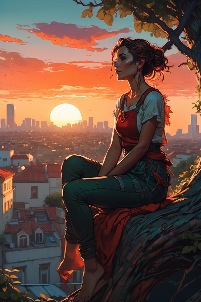 Artificial Intelligence (AI) generated image art, ..., sitting in a tree looking out at the sunset, alphonse mucha and alena aenami, sitting in a forsst, stunning art style, watching the sun set, anime, watching sunset, sits on a rooftop, style of charlie bowater, laurie greasley and james jean, red hues, charlie bowater art style, beautiful comic art