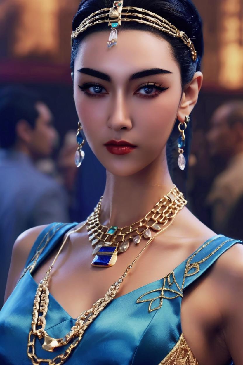 Artificial Intelligence (AI) generated image art, ..., Intense close-up of a young and fresh, Egyptian queen cleopatra , dressed in an elegant dress with jewelry, determination and grit in sharp focus, eyes blazing with determination. Serenity, Determination, Survival, George Miller Style.