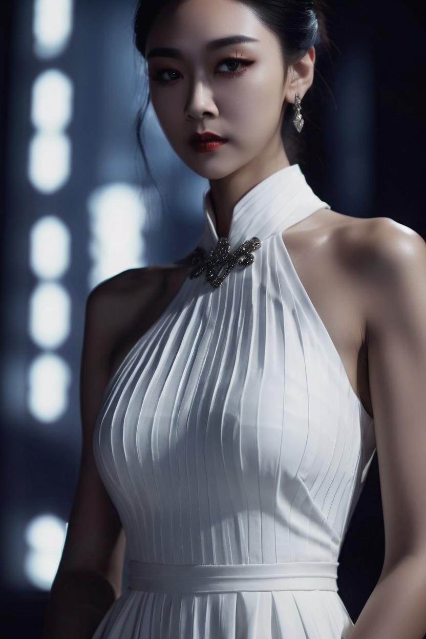 Artificial Intelligence (AI) generated image art, ... portrait, haute couture, minimalistic white adherent dress, (chiaroscuro style), photorealistic, beautiful woman, ((dark ambience)), cinematic lighting, highly detailed, sharp focus,4k