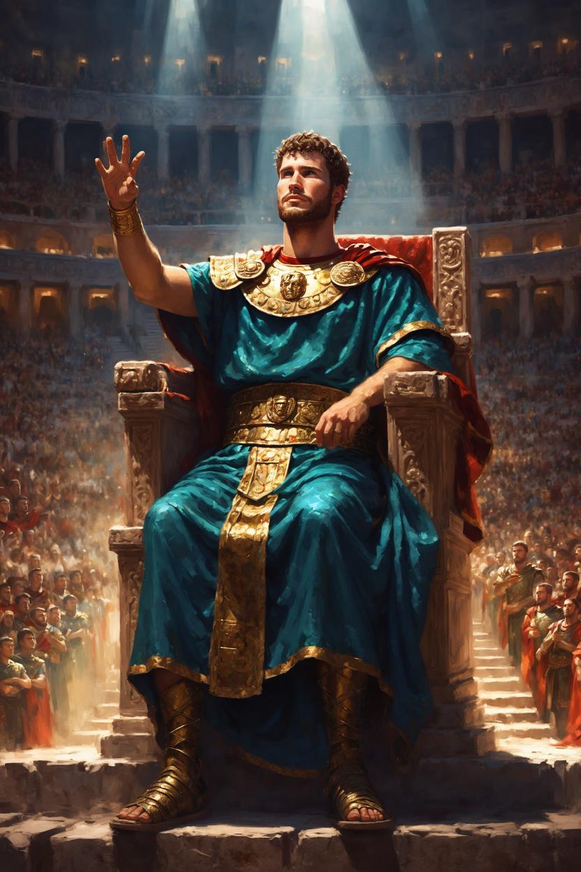 Artificial Intelligence (AI) generated image art, ..., as roman emperor, art by greg rutkowski, in the emperor throne in colosseum, waving to the crowd, stunning artwork, beautiful light