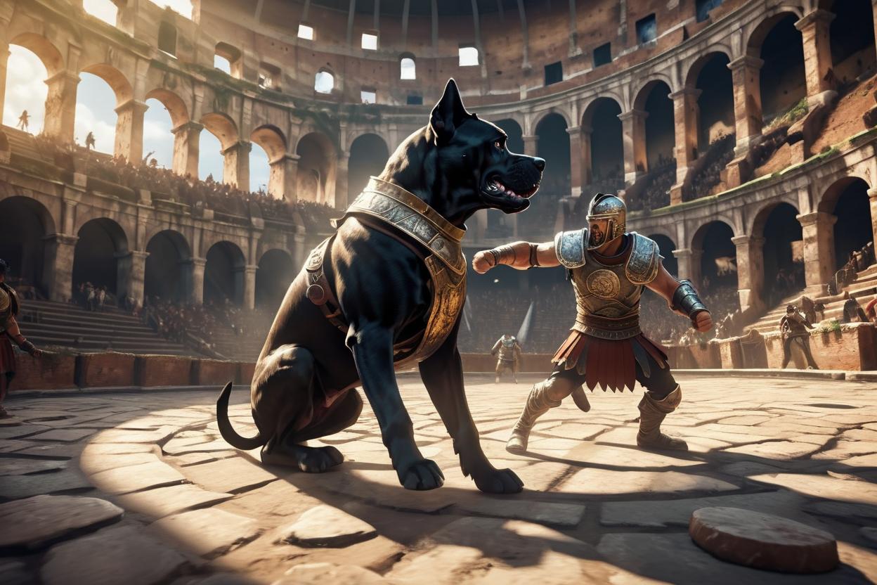 Artificial Intelligence (AI) generated image art, ..., fighting in the colosseum, dnd artstyle, ferocious, angry, roman gladiator, sunny, people in background, highly detailed, 8k