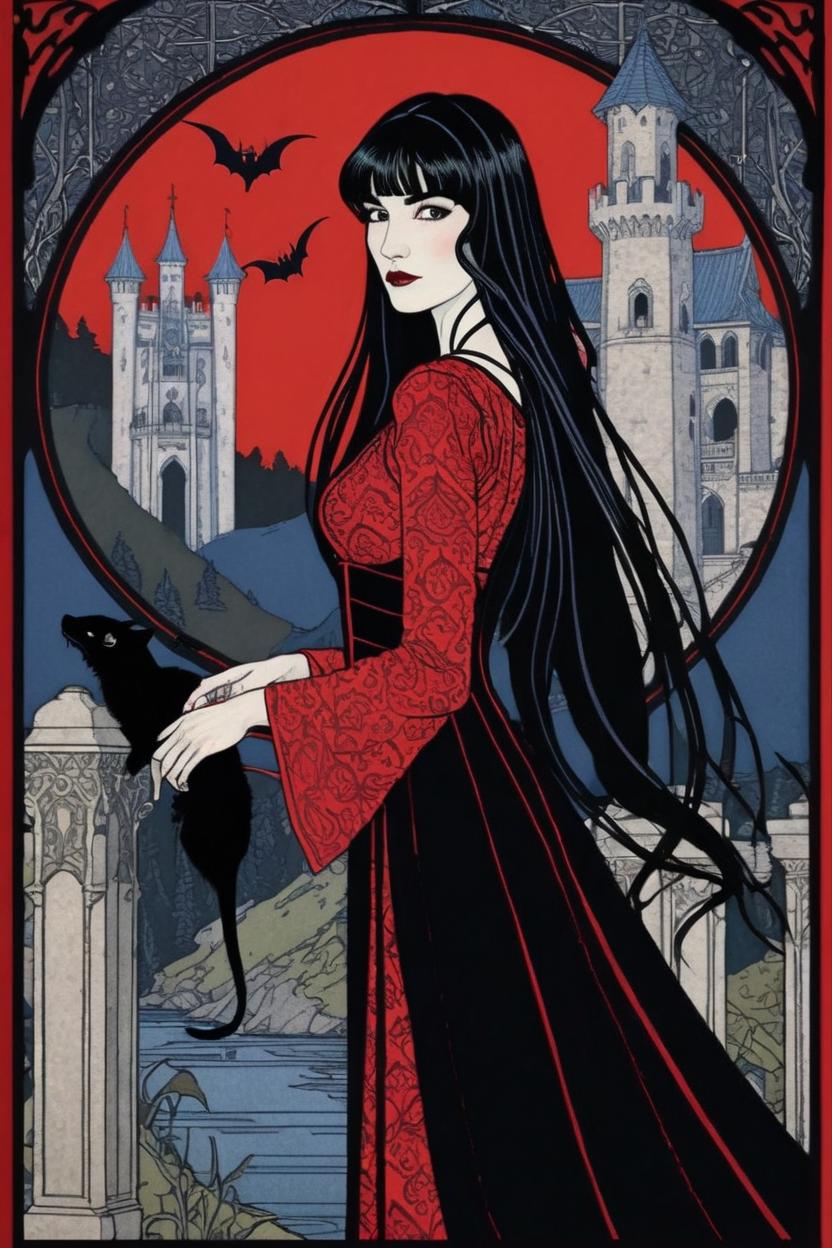 Artificial Intelligence (AI) generated image art, (*...*), portrait, artwork by Ivan Bilibin, Art Nouveau, tarot card, goddess, the lovers, gothic castle in background, black hair, as a vampire, bats, red and black dress