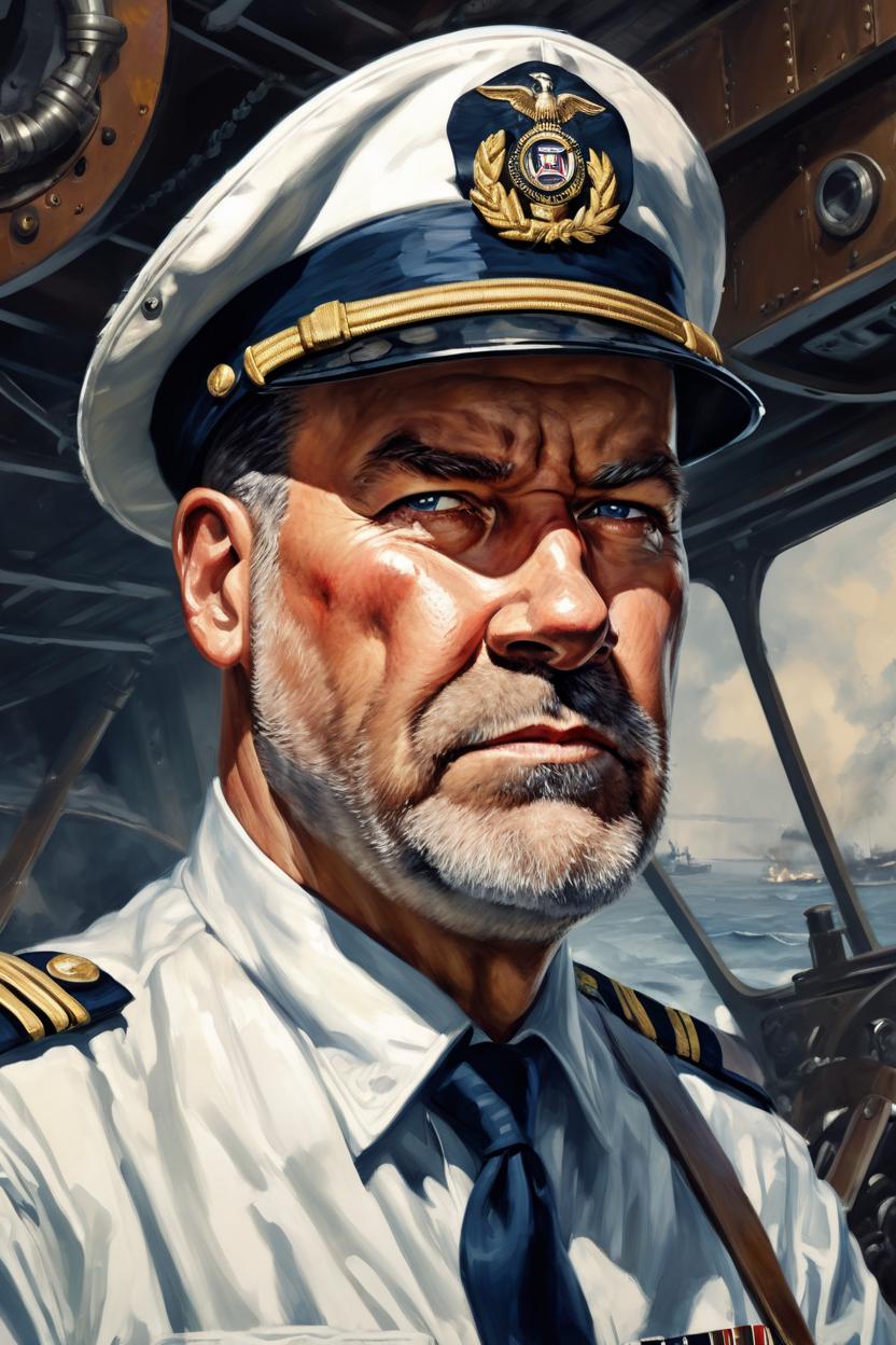 Artificial Intelligence (AI) generated image art, ..., (portrait), ((((full body)))), 1940s allied commander, navy, adventure, pulp novel, WWII propaganda, art by Greg Rutkowsi, highly detailed, sharp focus, 4k, fight scene