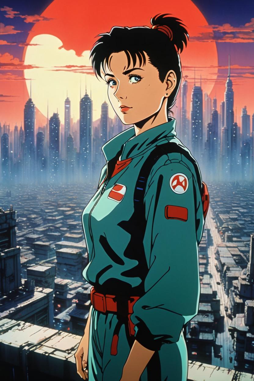 Artificial Intelligence (AI) generated image art, ..., (akira 1988 anime film), portrait, scifi city landscape, 90s anime style