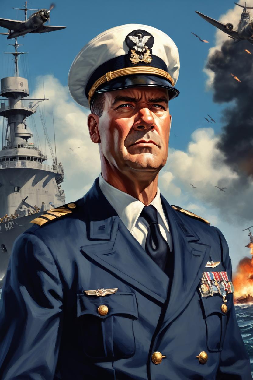 Artificial Intelligence (AI) generated image art, ..., (portrait), ((((full body)))) 1940s navy commander, adventure, pulp novel, WWII propaganda, art by Greg Rutkowsi, highly detailed, sharp focus, 4k, fight scene