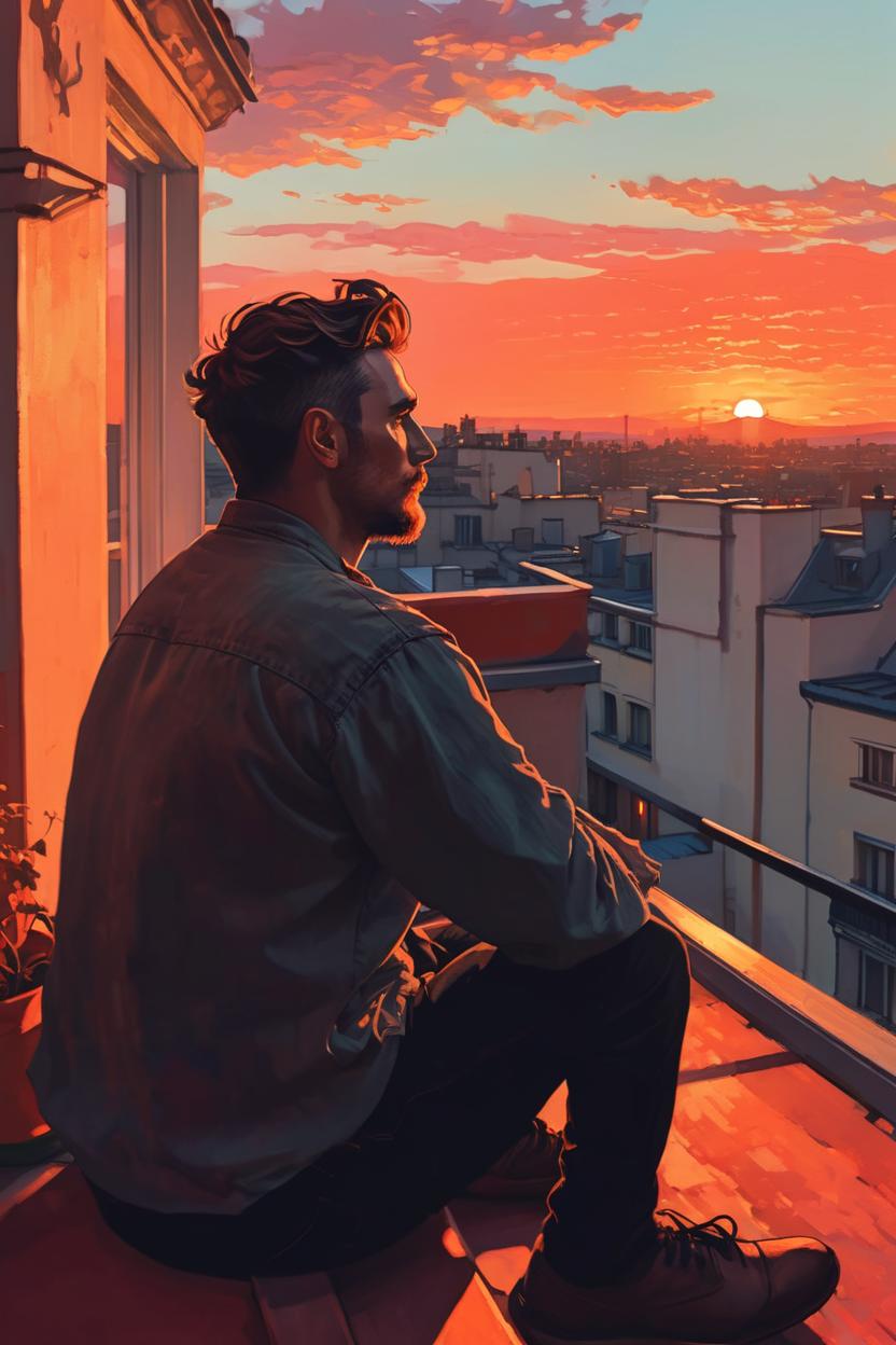 Artificial Intelligence (AI) generated image art, ..., sitting on a balcony looking out at the sunset, alphonse mucha and alena aenami, sitting on a rooftop, stunning cinematic lighting, watching the sun set. watching sunset, sits on a rooftop, red hues,