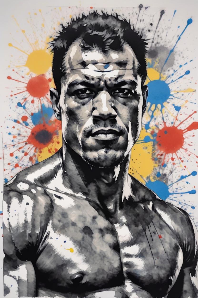 Artificial Intelligence (AI) generated image art, handsome portrait and torso of beautiful boxer ..., give space above the head, (coloured ink drawing), paint splashes, splatter, outrun, ((art by yoji shinkawa))