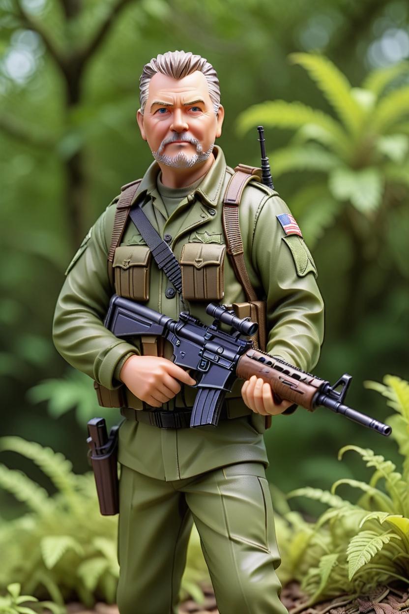 Artificial Intelligence (AI) generated image art, ((...)), with American style Army Combat uniform, holding an M4A1 Modern Rifle , as a figurine, Ken doll, plastic, 8K