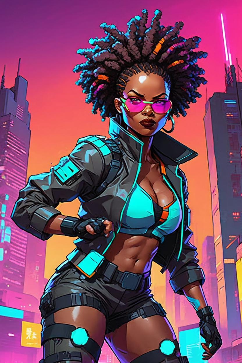 Artificial Intelligence (AI) generated image art, ..., A detailed black woman, special agent, short tight afro, full body, cyberpunk, bright colors, cartoon, concept art, battle pose, bold black lines, neon city