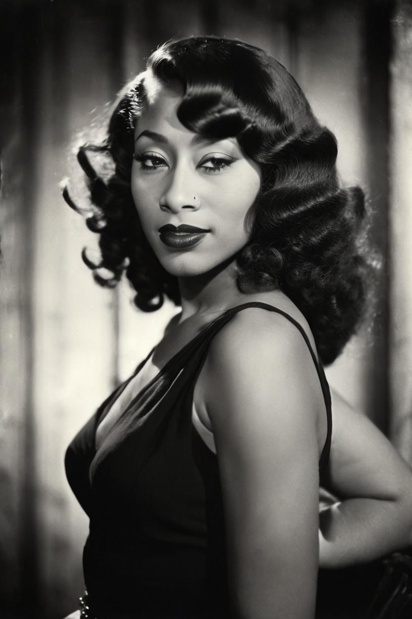 Artificial Intelligence (AI) generated image art, ...,\"..., film portrait, with old hollywood hair, ((black and white photography)), ((sharp contrast)), ((old hollywood)), ((film noir)) film portrait,