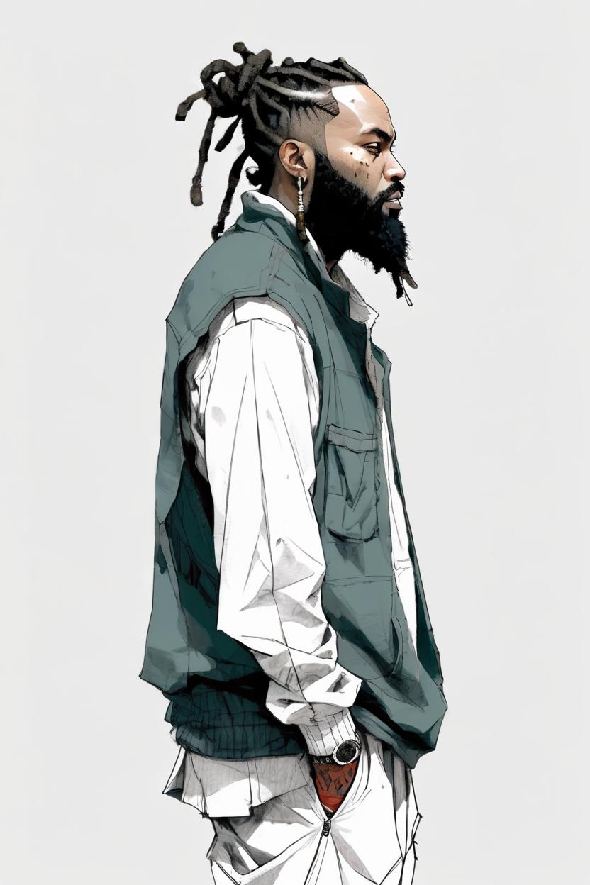 Artificial Intelligence (AI) generated image art, character design, unfinished pencil sketch, ample body, big full beard, dreadlocks in a bun, baggy clothes, concept design sheet, white background, style of yoji shinkawa, side view, full body portrait,