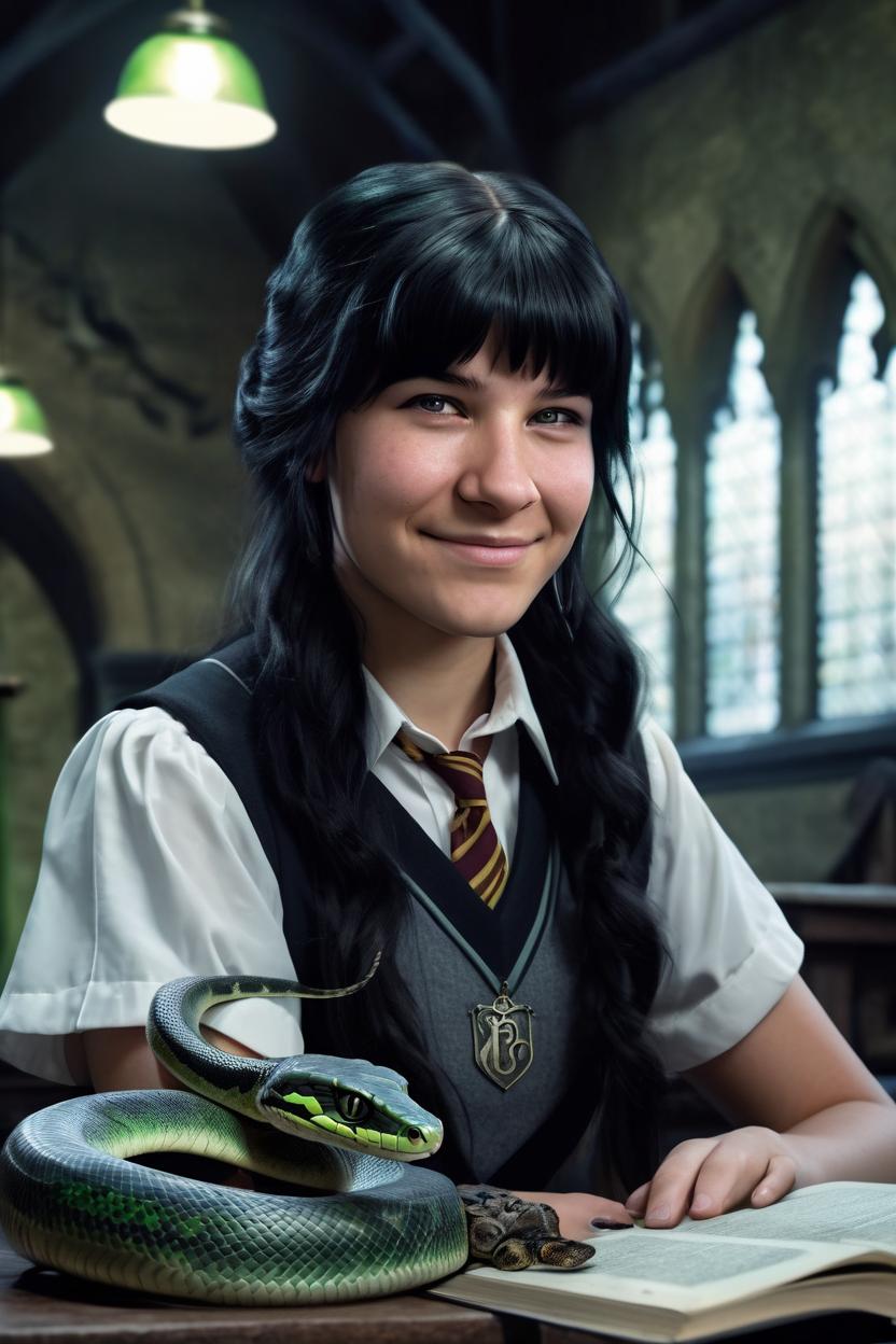 Artificial Intelligence (AI) generated image art, ..., a beatiful slytherine student, (potrait), in hogwarts school background, black hair, with a snake pet, photorealistic, cinematic lighting, by greg rutkowski