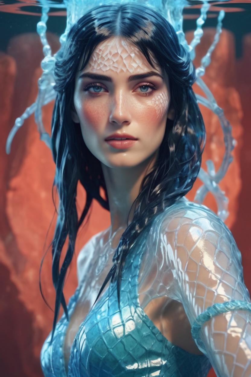 Artificial Intelligence (AI) generated image art, a beautiful portrait of (...) as a water goddess with transparent skin by Greg Rutkowski and Raymond Swanland, Trending on Artstation, coral background, ultra realistic digital art