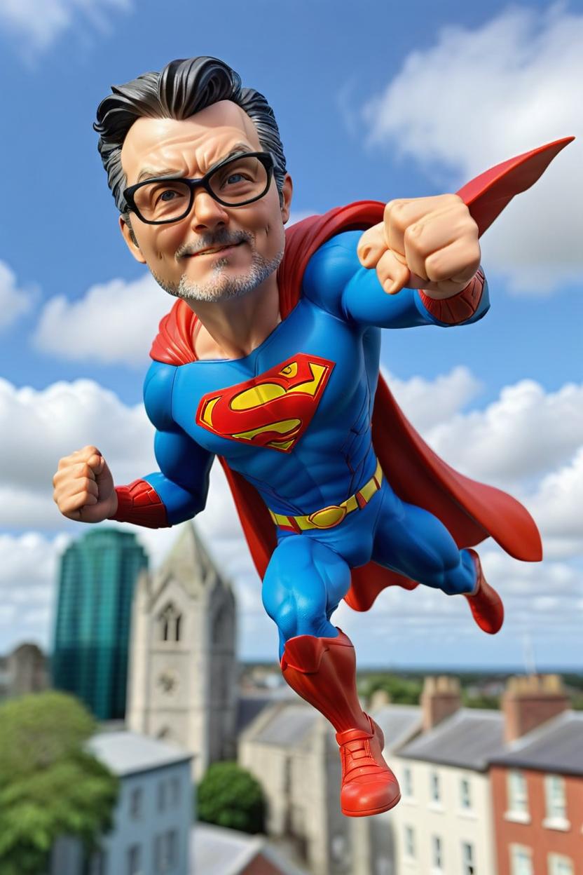 Artificial Intelligence (AI) generated image art, ((...)), with glasses, as a figurine, fullbody, flying through air in a Superman pose, dressed as Superman with a Dublin Ireland cityscape background, action figure, plastic