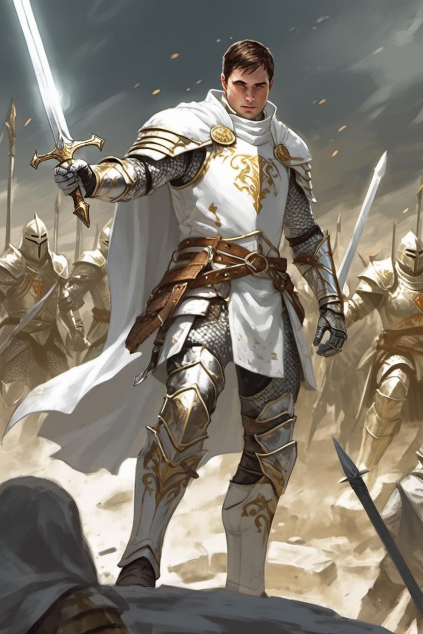 Artificial Intelligence (AI) generated image art, ..., as fantasy knight, white and gold armor, white cape, drawing sword form sheath, far view, on the battle field, leading soldiers, dungeons and dragons 5e art style