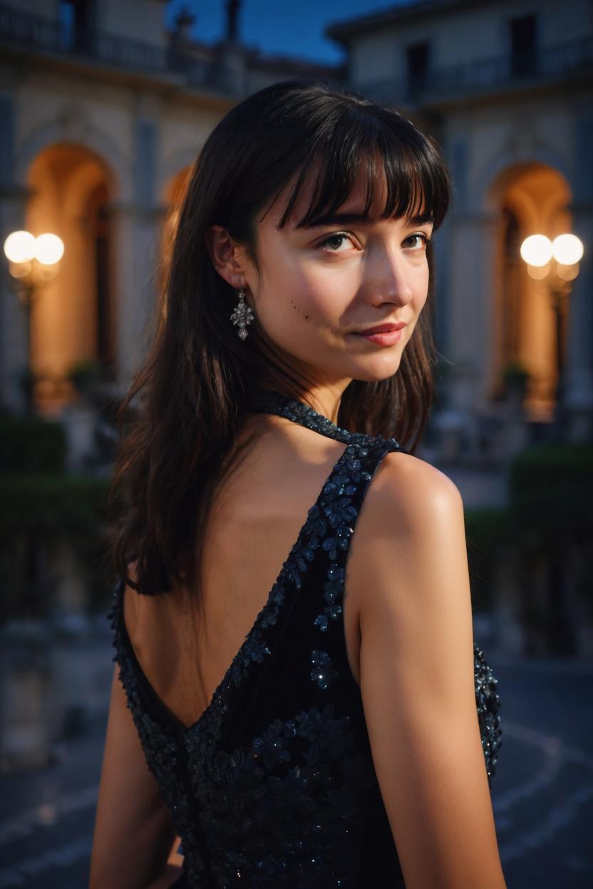 Artificial Intelligence (AI) generated image art, ..., portrait, black hair with bangs hairstyle, in elegant gala dress, italian mansion behind, at night, stunning photograph